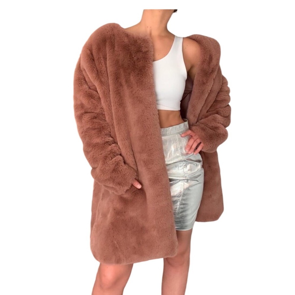 BB DAKOTA Women's Faux Fur Coat Brown Long Sleeve Open Front Size XS